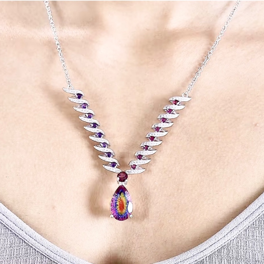 D'Joy Nebula Quartz Doublet & Multi Gemstone 16.35 ctw Cosmic Dance Necklace NWT